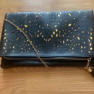 Black and Gold folding clutch with gold chain